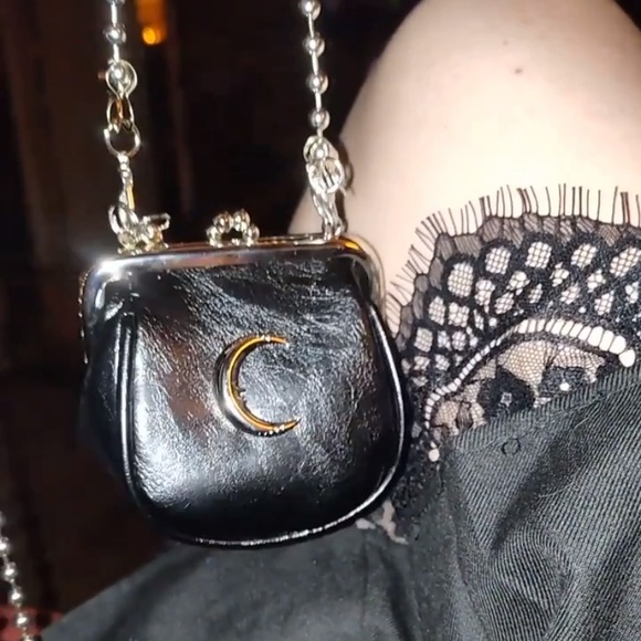 Faux Leather Crescent Moon Mini Crossbody Bag Purse Pouch Beaded Strap Black - Picture 5 of 7